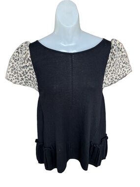 Anthropologie leifsdottir Black cashmere blend sweater with Leopard Print M